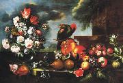 unknow artist Flowers, Fruit and a parrot oil painting reproduction